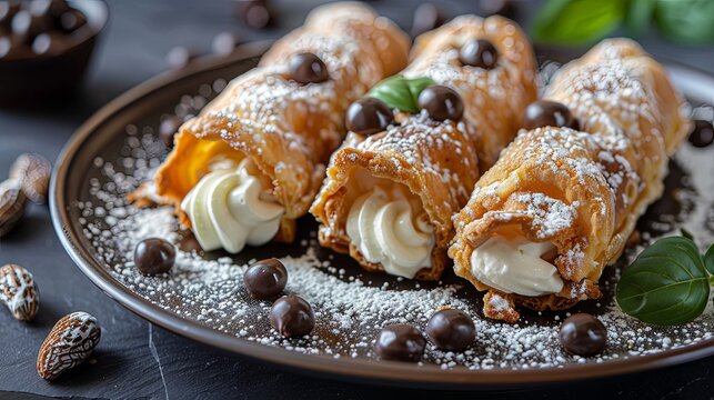 Appetizing cannoli tubes with mascarpone, Italian food
