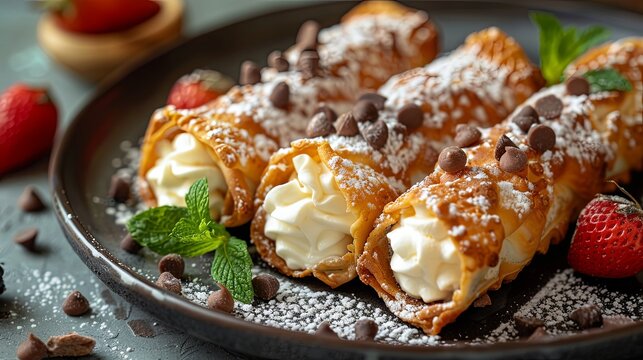 Appetizing cannoli tubes with mascarpone, Italian food