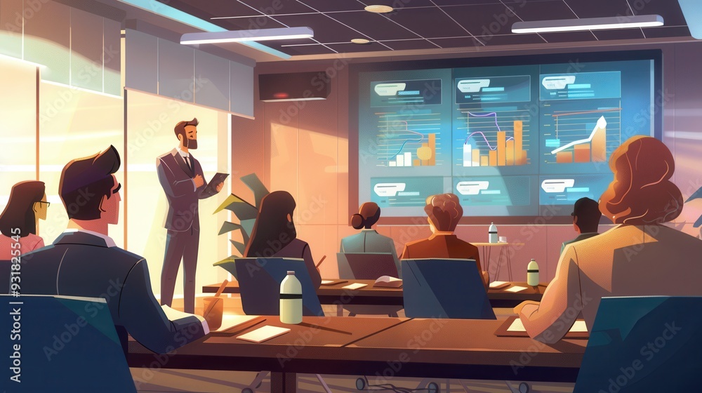 Poster an expert delivers a financial seminar in a contemporary conference room while attendees actively en
