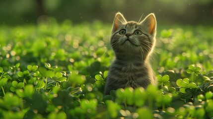 Cute British Shorthair cat, adorned in St. Patrick's Day attire, frolics amidst a backdrop of festive celebration.