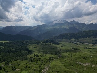 Naklejka premium Marmolada from Armentarola Aerial view of the Dolomites mountain landscape in Trentino, South Tyrol in Northern Italy.