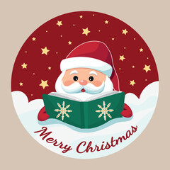 Merry Christmas vector round card. Cartoon Santa Claus reading book. Vector illustration.