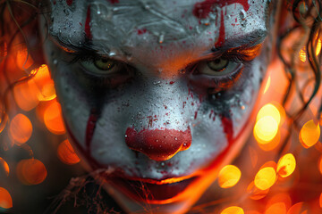 Animated evil clown boy with Halloween decor