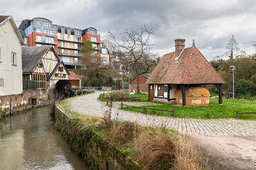 "Moulin de la Pannevert": vintage water-powered gristmill, on the river Robec, a tributary stream of the Seine, in ROUEN, NORMANDY, FRANCE, 18th century, and former communal bread oven