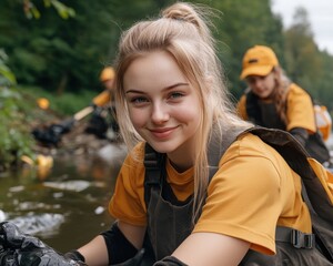 Volunteer Cleanup Crew Removing Plastic Waste From River, Protecting Our Environment, Making a Difference, Teamwork and Sustainability, Community Action, Environmental Conservation, Keep Our Rivers