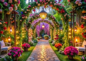 Fototapeta premium Enchanted Garden: Lush, vibrant, floral motifs, dreamy and whimsical ambiance