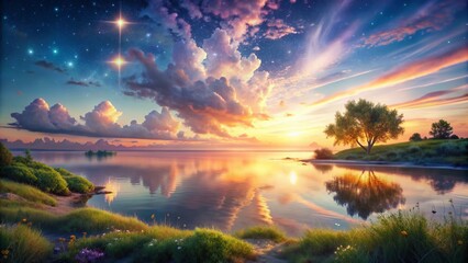 Enchanted Horizon: Natural, sunset, magical, surreal, dreamy, soft light, pastel colors.