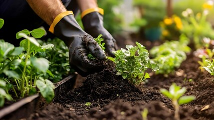 Hands Cultivating Soil to Plant Green Seedlings in Lush Organic Garden