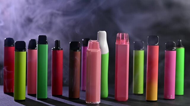 A set of colorful disposable electronic cigarettes of different shapes on a black background with smoke. Concept of modern smoking, vaping and nicotine.