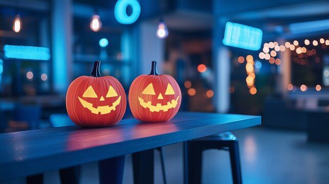 The bar counter in neon light with halloween pumpkin decor. Modern bright bar, pub, retro neon lighting. Fashionable interior of the establishment, creative design