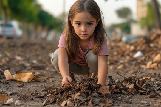 Young Girl Participating in School Recycling Project, Outdoor Education and Environmental Awareness