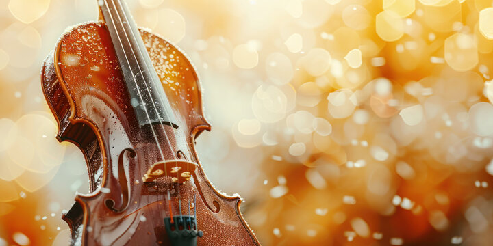 Close-up of a beautiful wooden violin against a soft, warm background with glowing bokeh, highlighting the elegant details of the instrument.