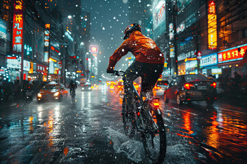 Cyclist racing through neon city streets at night
