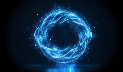 Obraz premium A ring of blue neon energy waves on a dark background with magical sparks