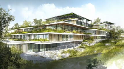 Obraz premium High-detail architectural drawing of a contemporary eco-hotel with green roofs and energy-efficient systems; clear focus and professional light and shadow treatment