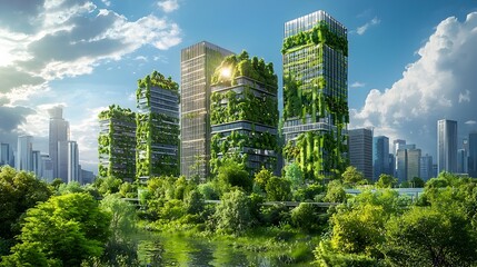 Obraz premium Futuristic Green City with Sustainable Skyscrapers and Nature