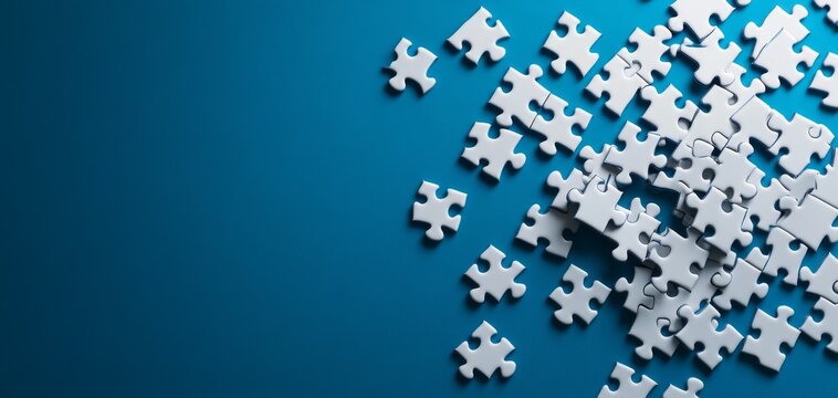 A jigsaw puzzle with blue and white pieces creates a visually engaging design. Ideal for creative games, challenging solutions, and collections that spark problem-solving