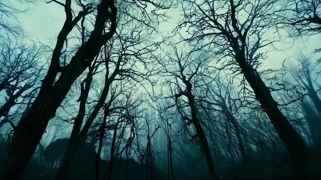 The mysterious fog is engulfing the dark silhouettes of trees in a forest, creating a spooky and eerie atmosphere perfect for halloween
