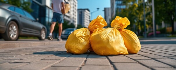 Volunteers Clean Up City Streets with Trash Bags Promoting Community Action and Environmental Responsibility