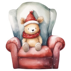 PNG Rabbit wear christmas hat armchair furniture toy.