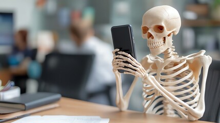 A humorous skeleton sitting at a desk, using a smartphone, capturing the blend of life and technology in a playful manner.
