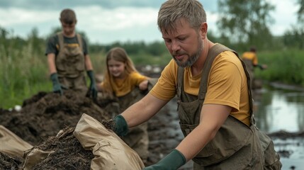Fototapeta premium Family Volunteers Cleaning Up Trash at a Nature Reserve A Powerful Example of Environmental Responsibility and Action in the Great Outdoors