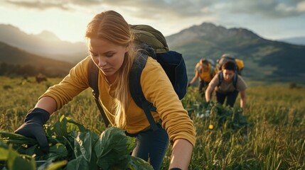 Group of Volunteers Cleaning Up Meadow, Sustainable Environmentalism, Nature Conservation, Eco-Friendly Action, Community Clean-Up Day, Teamwork for a Greener Future, Protecting Our Natural