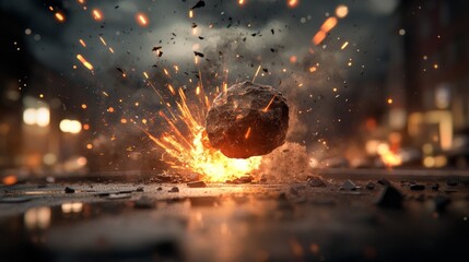 A meteorite falls from space and destroys the world. A large ball of fire caused damage to the city.