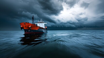 Stormy Seas:Cargo Ship Navigating Tumultuous Ocean Amid Dark Clouds