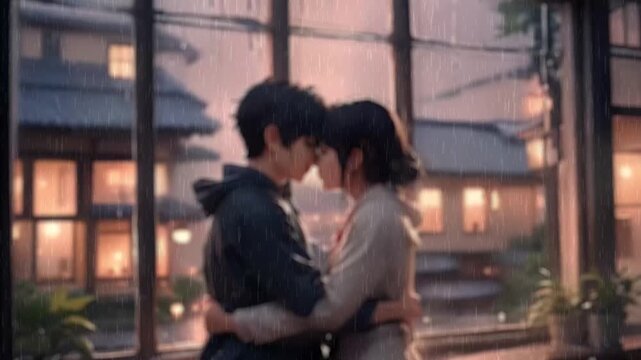 Couple in love, outdoor scene in a rainy day with moonlight