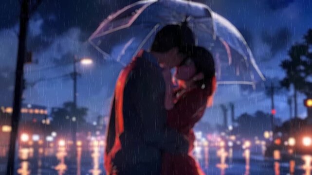 Couple in love, outdoor scene in a rainy day with moonlight