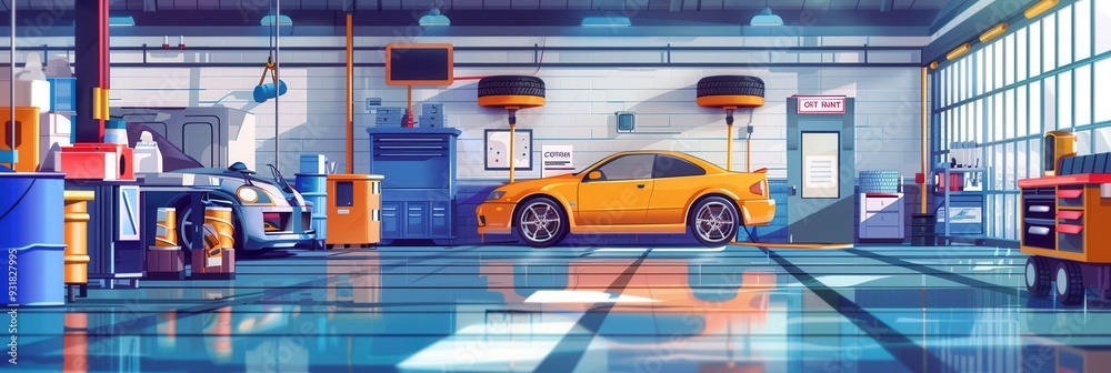 Poster Inside a bustling garage, two modified cars sit prominently on a shiny floor, illuminated by natural light filtering through large windows. Generative AI