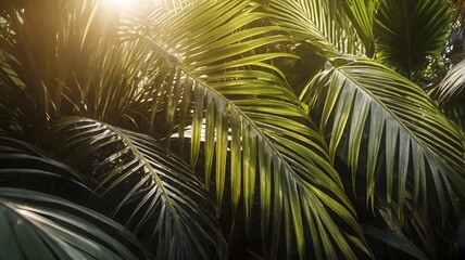 view of palm leaves in a tropical garden illuminated by the sun's rays

