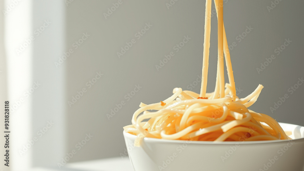 Poster close-up of spaghetti noodles falling into a white bowl