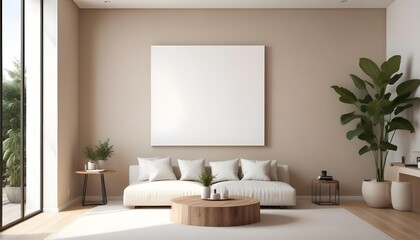 A minimalist living room with a large white canvas on the wall, a beige sofa, and a round wooden coffee table in the center.
