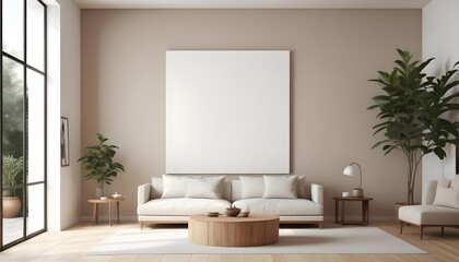 A minimalist living room with a large white canvas on the wall, a beige sofa, and a round wooden coffee table in the center.