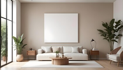A minimalist living room with a large white canvas on the wall, a beige sofa, and a round wooden coffee table in the center.