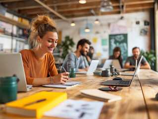 A collaborative workspace in a modern office, highlighting teamwork and interaction among diverse professionals, set against a minimalist, well-lit environment with sleek furnishings.