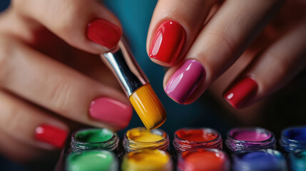 Obraz premium close-up of beautiful painted female nails, manicure, woman's hands, girl, beauty salon, varnish, coating, fingers, self-care, polishing, spa, feminine, brush, manicurist, design, art, glamour