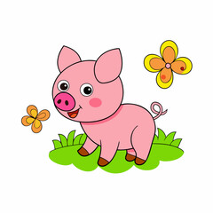 A Piglet chasing butterflies in a sunny meadow vector illustration