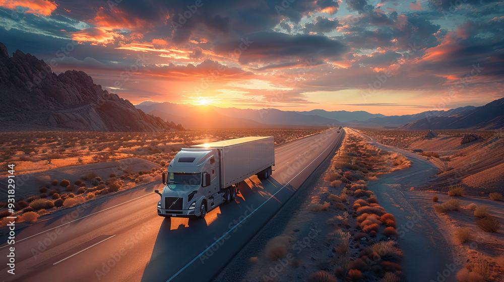 Wall mural white semi-truck delivering freight at sunset