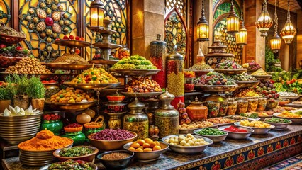 Fototapeta premium Exotic Extravaganza: Opulent, exotic food displays with rich colors and intricate designs.