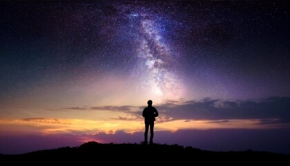 A silhouette of a person standing against a vibrant night sky filled with stars and the Milky Way, evoking a sense of wonder.