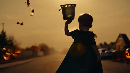 Little child in halloween costume holding candy bucket outdoors with falling leaves against sunset background - Powered by Adobe