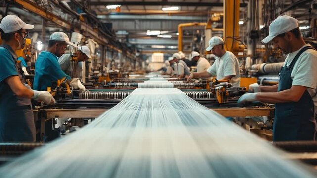 Skilled workers in a textile factory, operating looms and machinery to produce fabric.