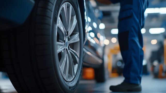 Close-up of a car tire and mechanic in workshop, showcasing automotive service and maintenance in a professional environment.