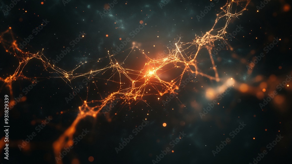 Poster glowing neural network on dark background. digital art style. artificial intelligence and machine le