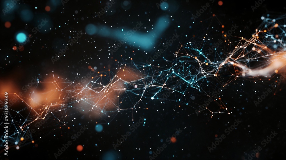 Poster glowing network connections on starry background. digital art style. artificial intelligence and dat