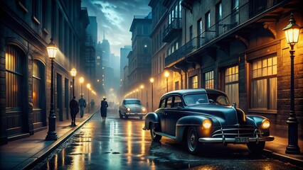 Obraz premium Film Noir Ambience: Dark and atmospheric streetscapes with cars exhibiting tinted windows, creating a sense of mystery and suspense.