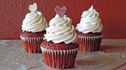 three red velvet cupcakes, with a glitter heart on top of the white cream with a red wall in the background